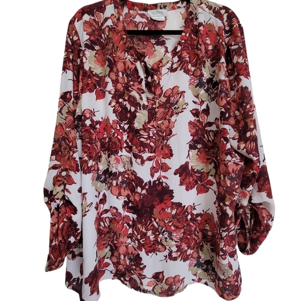 XXL V Neck Floral Button Up Long Sleeve Tunic